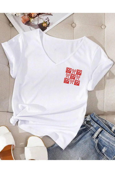 SUNFREE Retro Checked Hearts Printed V-Neck Combed Cotton Short Sleeved Women...