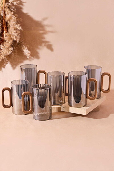 Perotti كوب زجاجي سينيا 6 قطع فضي مخطط بمقابض من خشب الأكاسيا سعة 350 مل