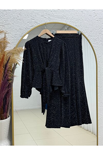 BENAHOLL Buse Front Tie-Up Sleeve Buttoned Stone Lurex Skirt Suit-Ek766 Black