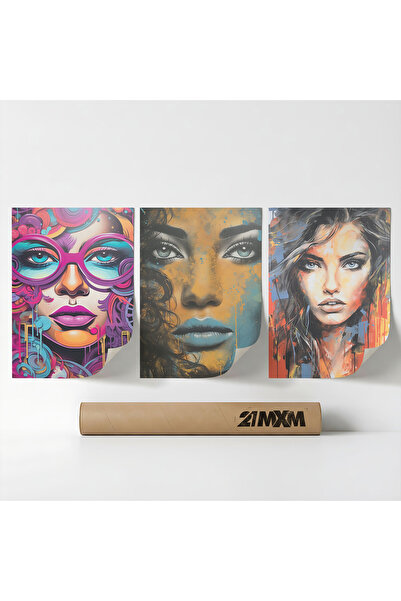 21mxm Set 3 Postere Decorative „Portrete Moderne 05”, Material Textil, Fara Rama