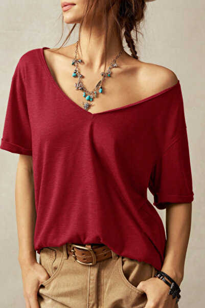 Tarz Cool Women's Burgundy Oversize-Loose V-Neck Basic T-Shirt