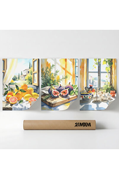 21mxm Set 3 Postere Deco „Natură statică mediteraneană 03”, Material textil, ...