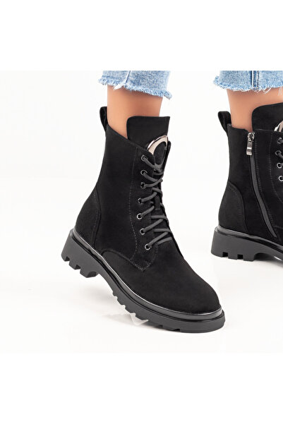 Modlet.ro Women's black suede boots with zipper and metallic details MOD07019