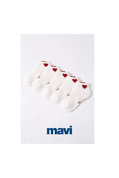 Mavi Kalp Detaylı Beyaz ( 5 Çift ) Patik Çorap