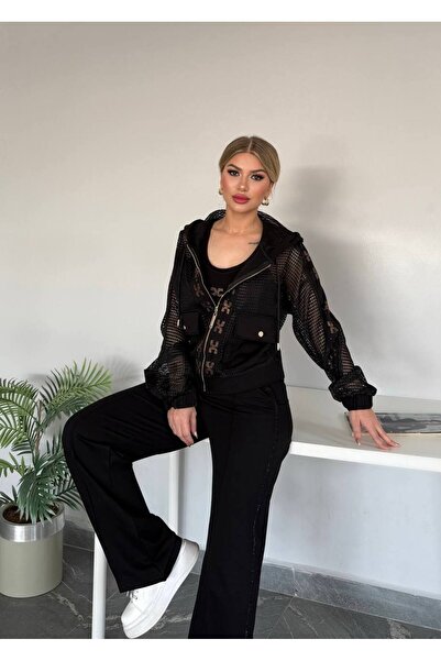 Bella Belluci Stone Detailed Mesh Detailed Hooded Three-Piece Set