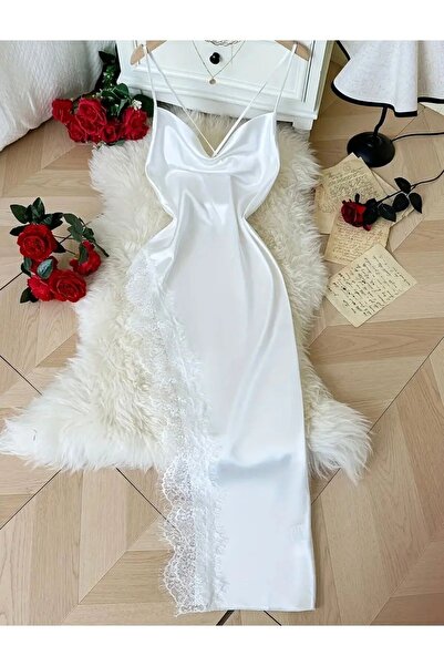 cdh çeyize dair herşey White Scarlet Allure Lace Detailed Long Satin Nightgown