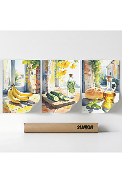 21mxm Set 3 Postere Decorative „Natură Moartă Mediteraneană 01”, Material Tex...