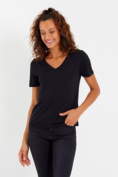 QUHOX Tricou de damă din țesătură Tencel, cu decolteu în V, negru