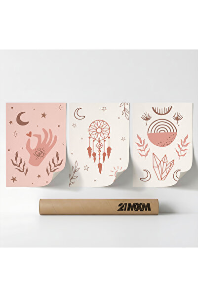 21mxm Set 3 Postere Decorative Boho „Soare-Lună-Celestial 42”, Material Texti...