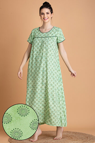 Clovia Print Me Pretty Long Nighty in Green - Rayon