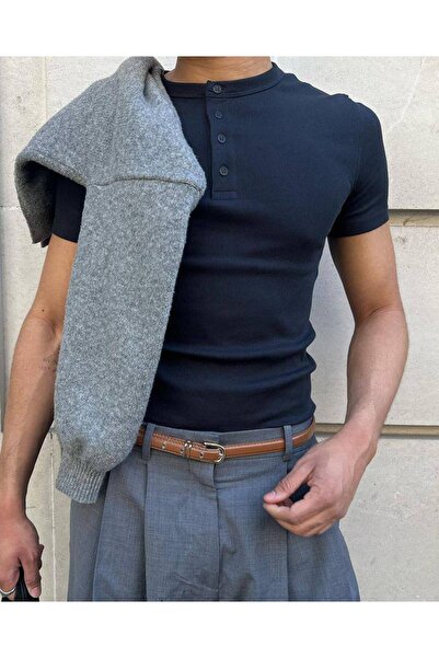 perasttesktil Men's Crew Neck Button Front Tshirt