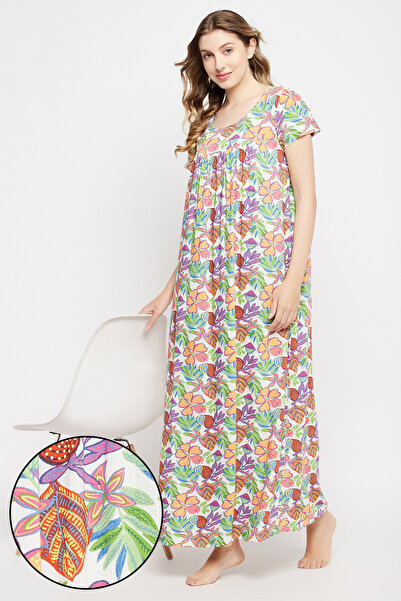 Clovia فستان نوم طويل أبيض مزين بنقوش زهور جميلة - رايون