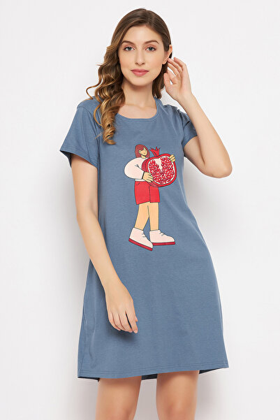 Clovia Tutti Fruity Long Sleep Tee in Dusty Blue - 100% Cotton
