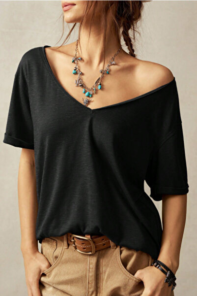 Tarz Cool Women's Black Oversize-Loose V-Neck Basic T-Shirt