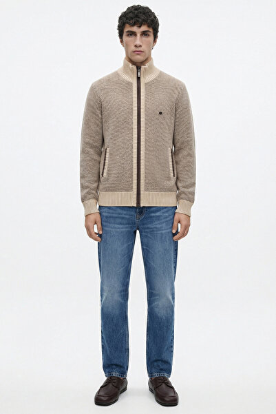 Sam Men's Stand Collar Zippered Knitwear Cardigan - Beige - Brown