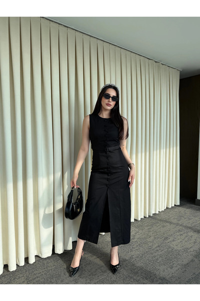 Laluvia Black Buttoned Belted Gabardine Dress - 5002