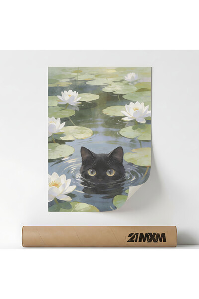 21mxm Poster decorativ 'Black Cat In A Lily Pond', material textil, 21x29.7cm...
