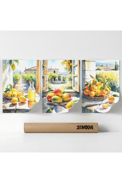 21mxm Set 3 Postere Deco „Natură statică mediteraneană 06”, Material textil, ...