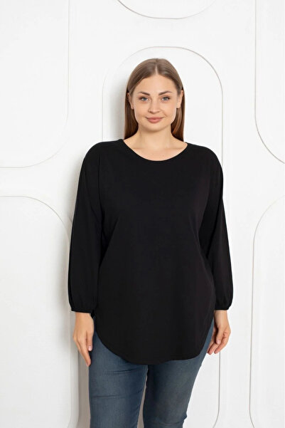 LEILA LINGERIE Plus Size (Slim) Long Sleeve Slit Black Blouse