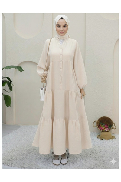 bellura V-Neck Half Buttoned Elasticated Sleeve Piece Dress