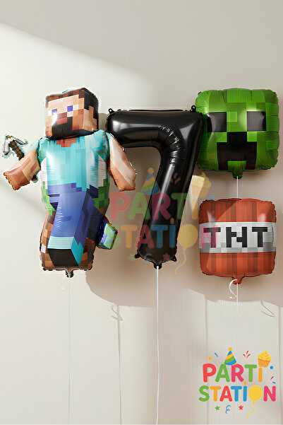 Parti Station Minecraft Temalı 1 Yaş Balon Seti – Steve, Rakam ve Creeper