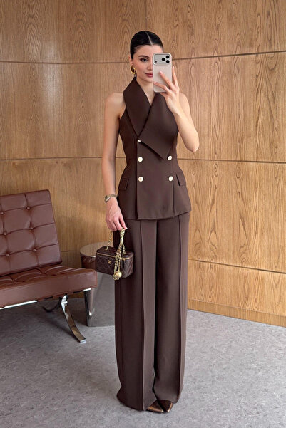 My Blog Brown Asymmetrical Collar Gold Buttoned Vest Trouser Suit - 9692