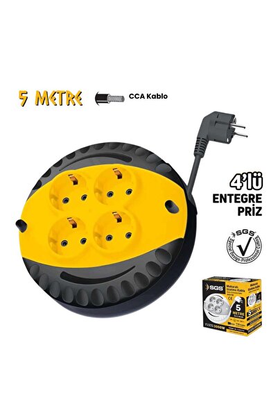 SGS Saklı Kablolu Makaralı Uzatma Kablosu Siyah CCA 3x1.5 - 4 Priz - 5 mt.