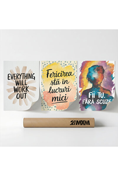 21mxm Set 3 Postere Decorative 'Mesaje De Viata 04', Material Textil, A4 (21 ...