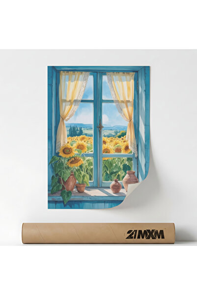 21mxm Poster Deco, fereastră și grădina, Vedere a unui câmp de floarea-soarel...
