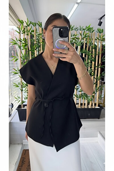 Ecenin Favorileri Black Waist-Tied Beige Women's Vest