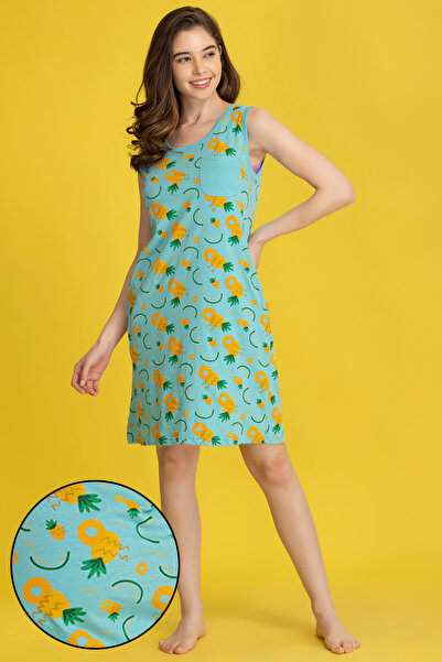 Clovia فستان نوم قصير بتصميم توتي فروتي باللون الأزرق السماوي - قطن 100%