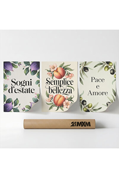 21mxm Set 3 Postere Decorative „Cuvinte Mediteraneene 03”, Material Textil, A...