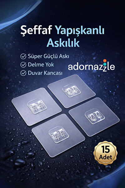 adornazzle 15 Adet 7x7 cm Şeffaf Yapışkanlı Askılık, Şeffaf Sticker, Süper Gü...