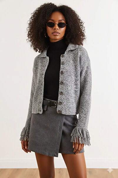 Ecenin Favorileri Gray tassel sleeve detailed women's cardigan