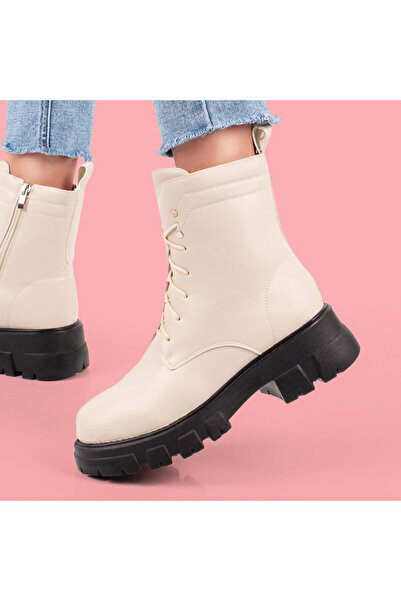 Modlet.ro Women's beige lace-up boots with zipper MOD06825