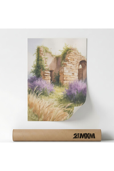 21mxm Poster decorativ, ilustratie peisaj lavanda, Abandoned stone ruin, Fara...