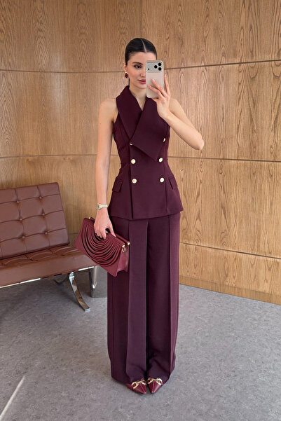 My Blog Plum Asymmetric Collar Gold Buttoned Vest Trouser Suit - 9692