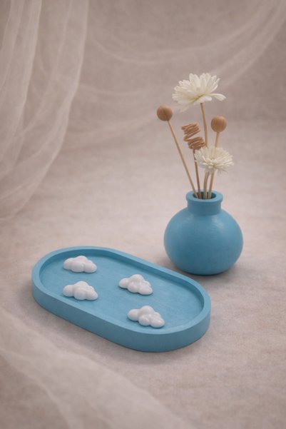 Atiye Studio El Yapımı Taş Tozu 2’li Dekoratif Set – Mini Vazo + Bulut Figürl...