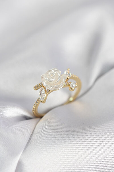 HERŞEYBURDAMODA خاتم نسائي من حجر الزركون موديل الوردة باللون الذهبي