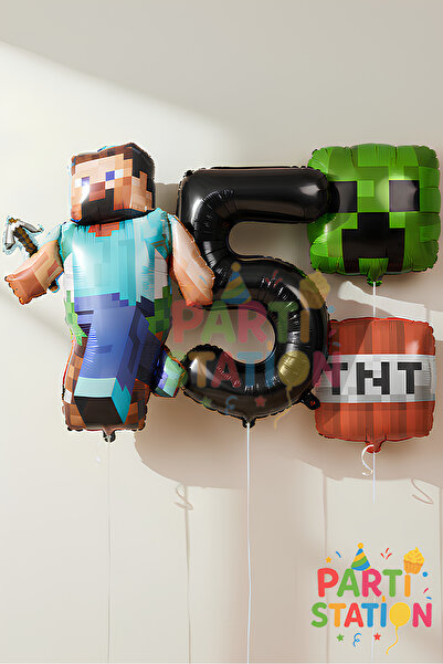 Parti Station Minecraft Temalı 1 Yaş Balon Seti – Steve, Rakam ve Creeper