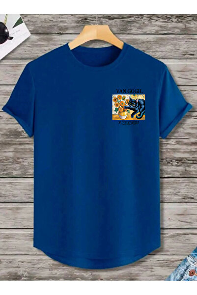 SUNFREE Van Gogh Cat Printed Unisex Oval Hem Crew Neck Combed Cotton Tshirt