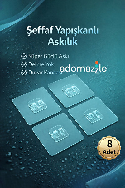 adornazzle 8 Adet 7x7 cm Şeffaf Yapışkanlı Askılık, Şeffaf Sticker, Süper Güç...