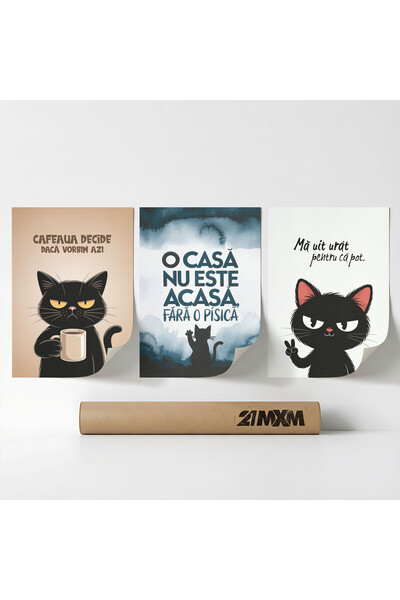 21mxm Set 3 Postere Decorative 'Casa Pisicii 02', Material Textil, A3 (29.7 x...