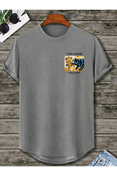 SUNFREE Van Gogh Cat Printed Unisex Oval Hem Crew Neck Combed Cotton Tshirt