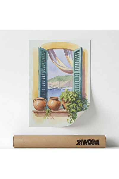 21mxm Poster Deco, fereastră și gradină, Fereastră cu perdele fluturânde, A4 ...