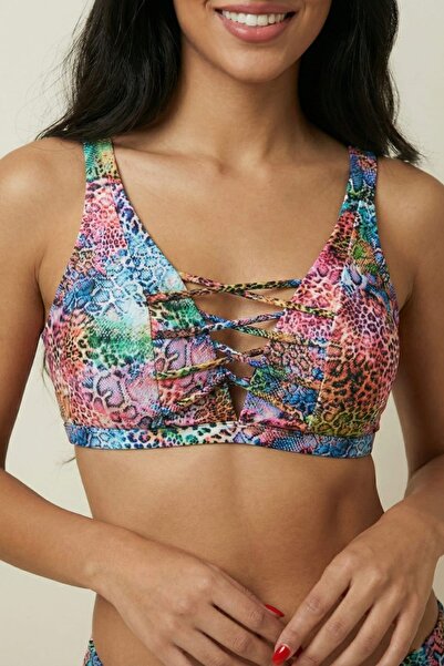 No Gossip Kadın Renkli Leopar Desenli Toparlayıcı Bikini Üstü Çapraz İp Detay...