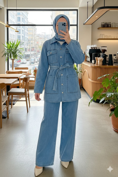 bellura Beli Belted Buttoned Front Denim Suit