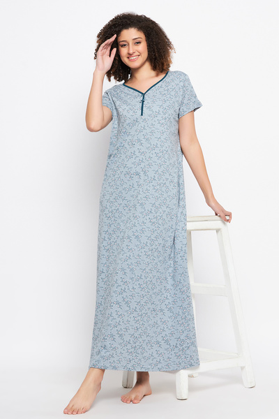 Clovia Pretty Florals Long Nighty in Light Blue - Cotton