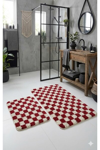 EUROBANO Chess Dama Pattern 2-Piece Bath Mat Bone-Red 60X100 60X50 cm Washabl...