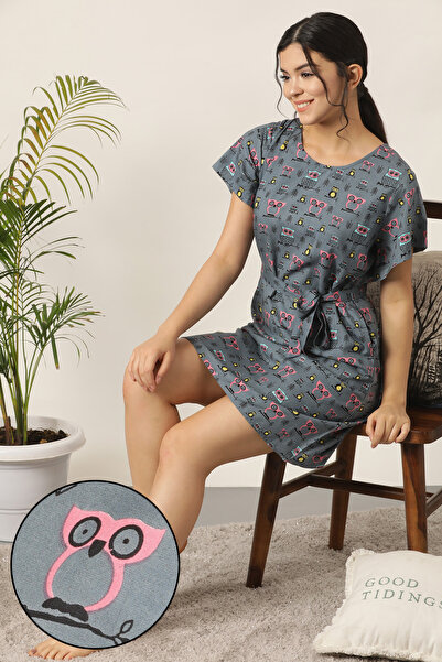 Clovia Owl Print Short Night Dress in Grey - Cotton Rich